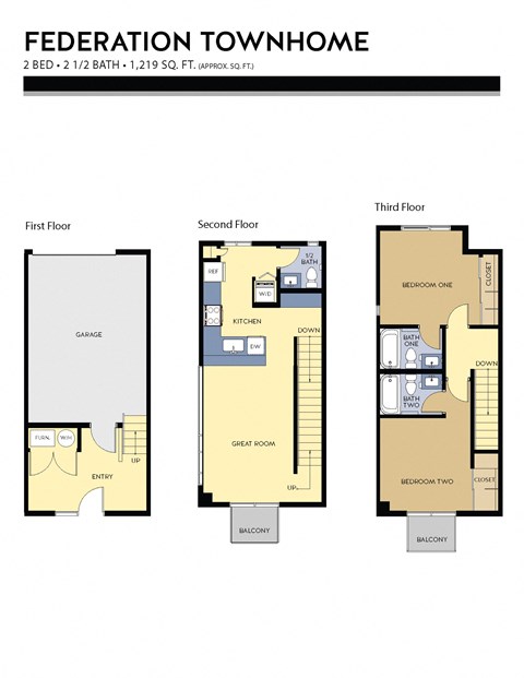 Floor plan for 2 beds, 1.5 baths, 1219 sqft